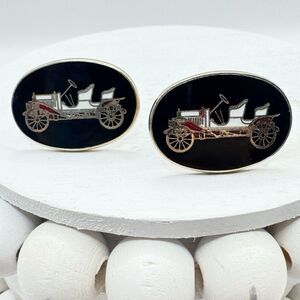 Vintage Enamel Antique Car Oval Men’s Cufflinks Fancy Black